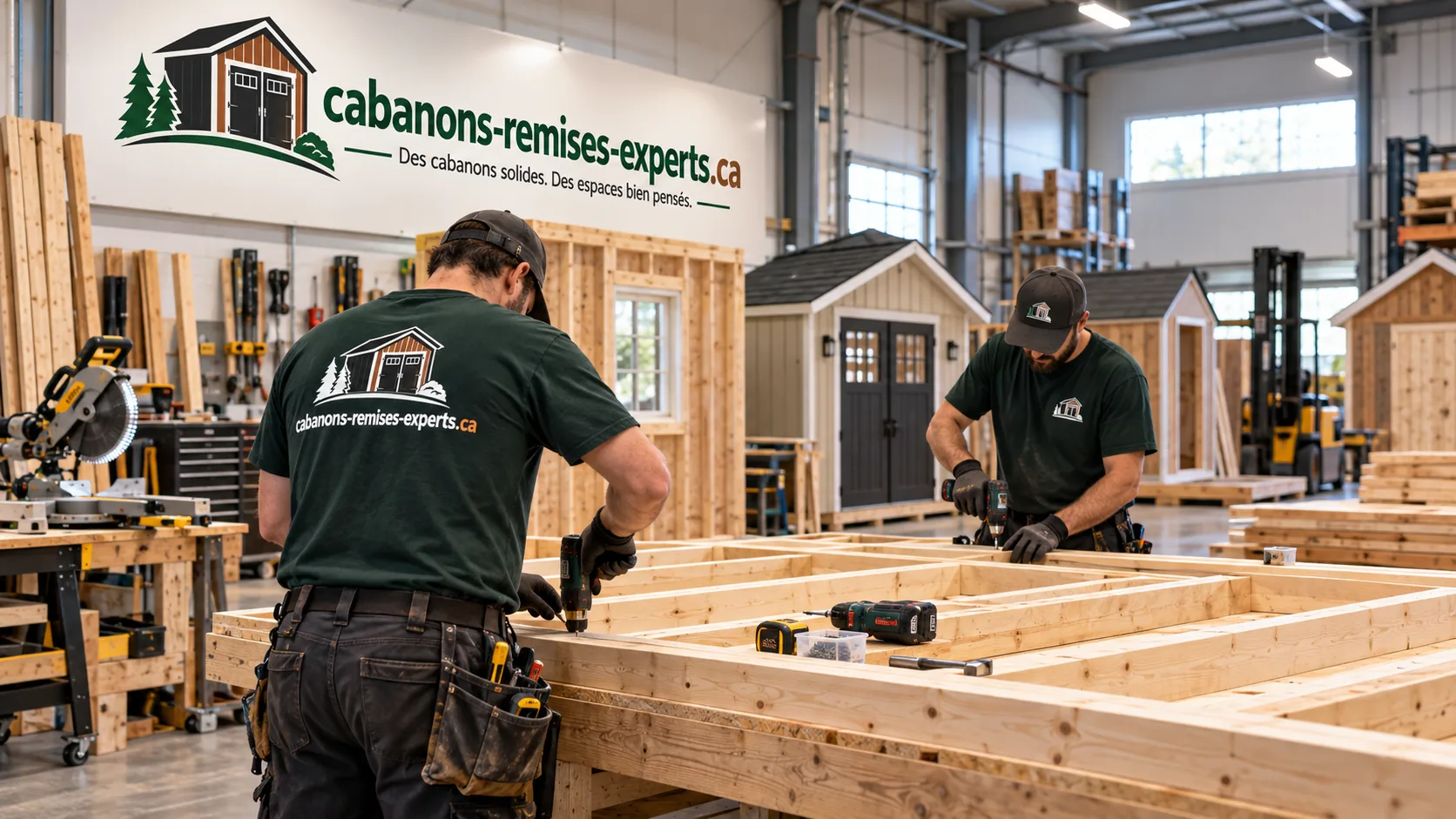 Atelier de fabrication de cabanons, charpentiers assemblant une structure de bois, modèles montés en arrière-plan