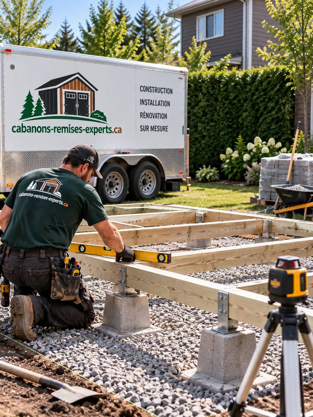 Mise à niveau au laser d'une structure de plancher sur blocs de béton et pierre concassée