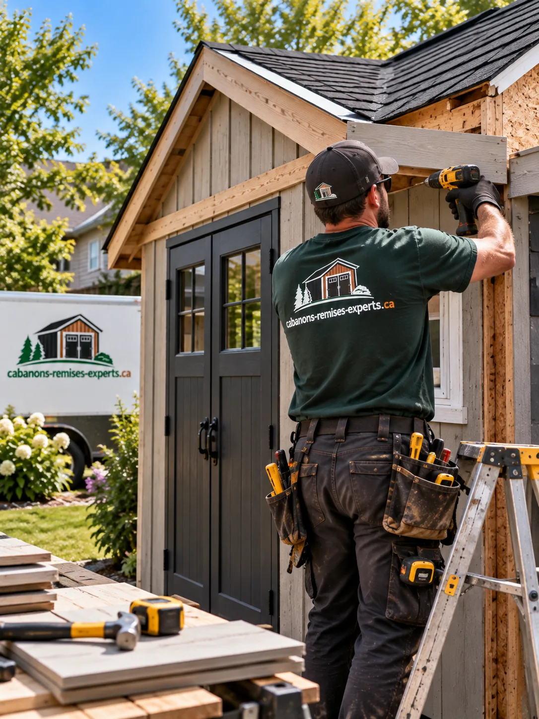 Pose du revêtement extérieur et des débords de toit sur un cabanon en construction