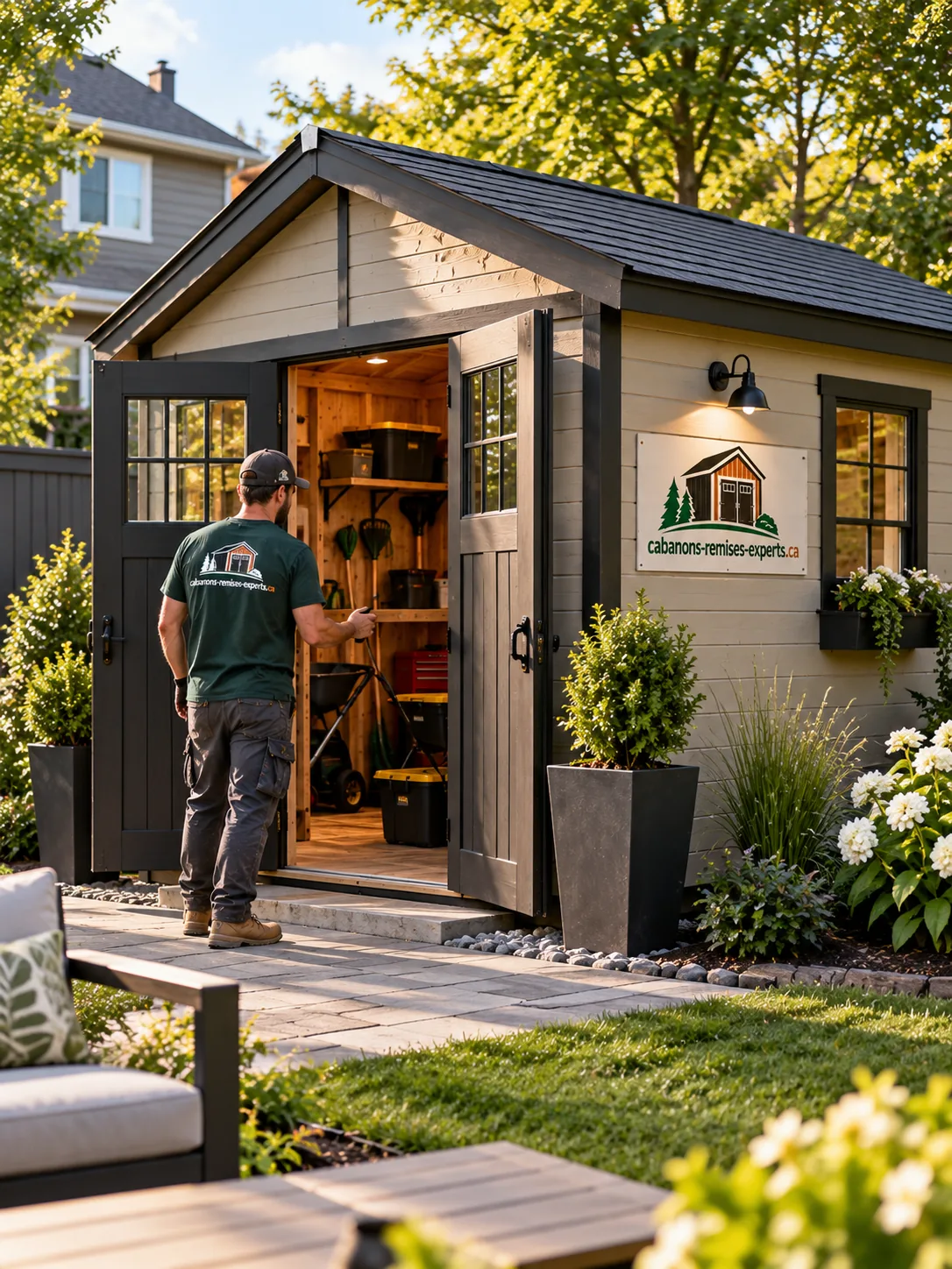 Cabanon terminé aux portes ouvertes, rangement intérieur organisé, aménagement paysager autour